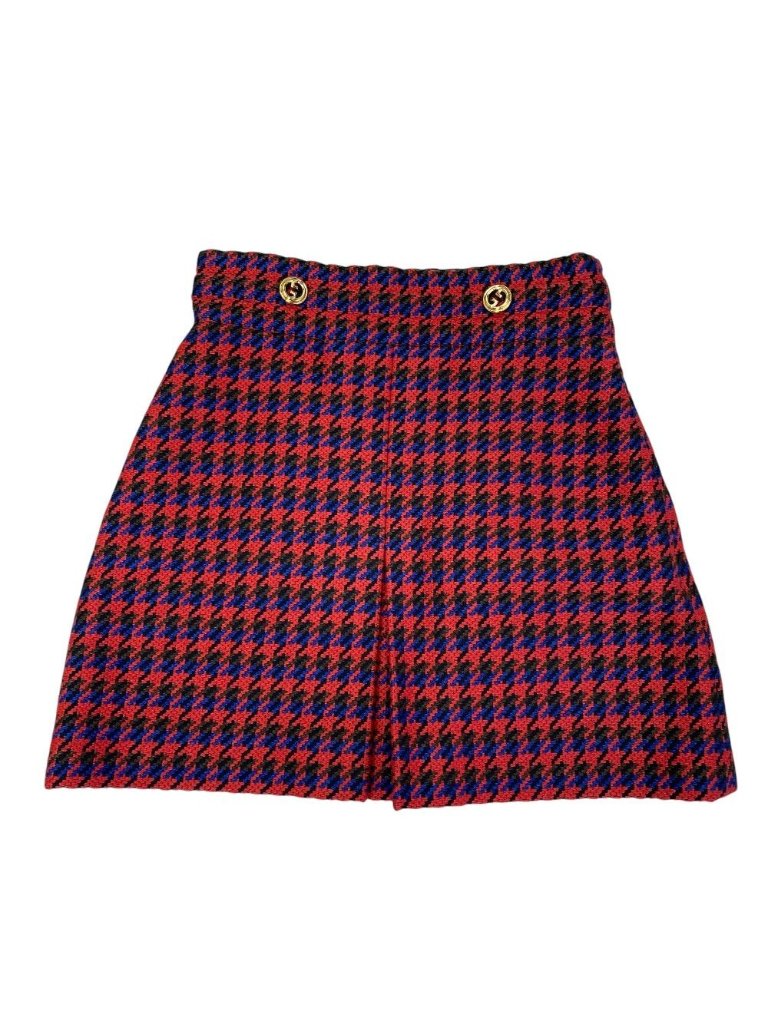 Gucci Houndstooth Mini Skirt Double Logo Button Wool Red Feminine Classic